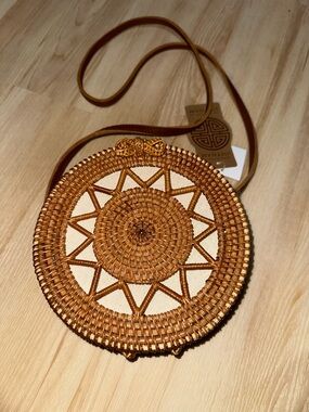 Round Woven Rattan Crossbody Bag in Honey Brown